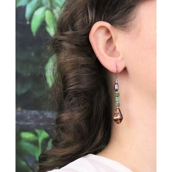 Sterling Silver Hematite, Turquoise and Amber Earrings Dangle Drop Earrings - Picture 3 of 7